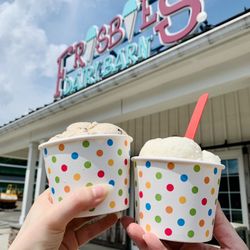 Frisbie's Dairy Barn - Two scoop cups of Rum Raisin, Little Poland, Vegan Pina Colada, and Newington Nutella.