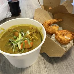 Yellow curry and crispy shrimp. Yellow curry and crispy shrimp.