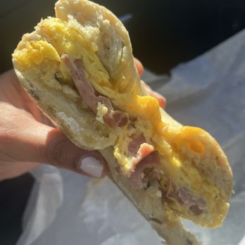 Bonjour Bagel Cafe - Good for the picture My microwave egg Sant was just ok - Bagels Near Me - Los Alamitos, California