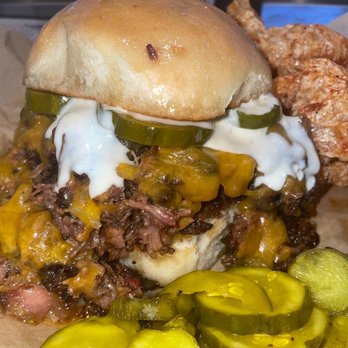 Water Pig BBQ - Chopped Brisket Sandwich with Alabama white sauce - Barbeque Near Me - Pensacola Beach, Florida Water Pig BBQ - Chopped Brisket Sandwich with Alabama white sauce - Barbeque Near Me - Pensacola Beach, Florida