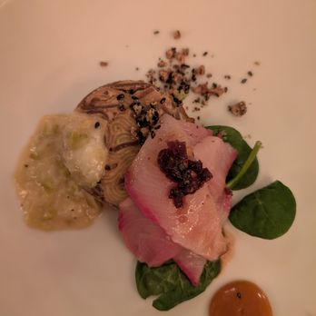 eatMOSAIC - Hamachi Crudo: shrimp noodle cake, baby spinach, miso - leek, pickled mango + apricot coulis, black sesame + peanut crumble - New American Near Me - St. James, New York eatMOSAIC - Hamachi Crudo: shrimp noodle cake, baby spinach, miso - leek, pickled mango + apricot coulis, black sesame + peanut crumble - New American Near Me - St. James, New York