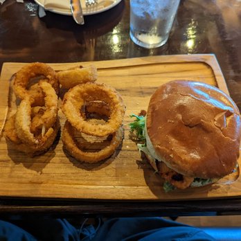 Jack's Restaurant - Salmon burger and onion rings - New American Near Me - Normal, Illinois