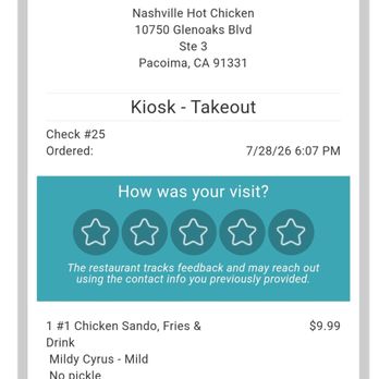 Nashville Hot Chicken - My receipt - Sandwiches Near Me - Pacoima, California Nashville Hot Chicken - My receipt - Sandwiches Near Me - Pacoima, California