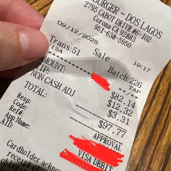 Fatburger & Buffalo's Express - Receipt with forced tip and extra charge for card apparently. - Burgers Near Me - Corona, California