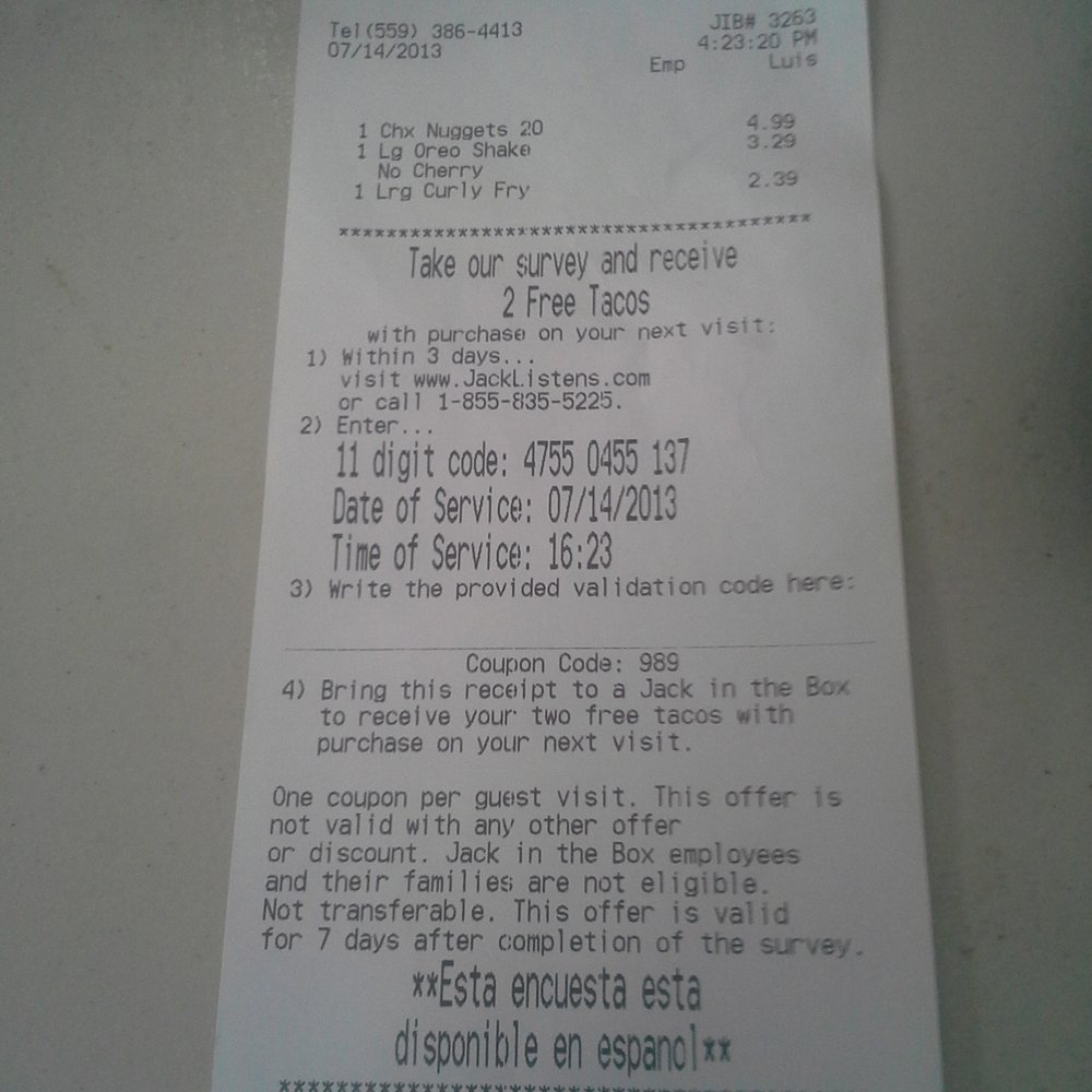 Jack in the Box - My receipt. - Tacos Near Me - Kettleman City, California