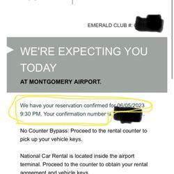 National Car Rental - Confirmation email showing that I can pick the car up at 9:30pm