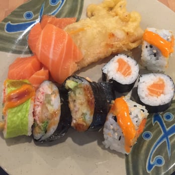 Mizumi Buffet - Typical unorganized buffet plate, ha! This is all sushi, including sashimi and a bit of vegetable tempura, yum - Buffets Near Me - Tigard, Oregon