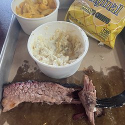 Smoked Brisket 1/2 Pound (after I ate most of it) cheesy potatoes Mac and cheese