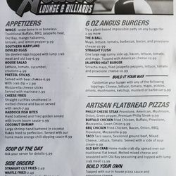 Action Lounge and Billiards - Updated menu. Front page.