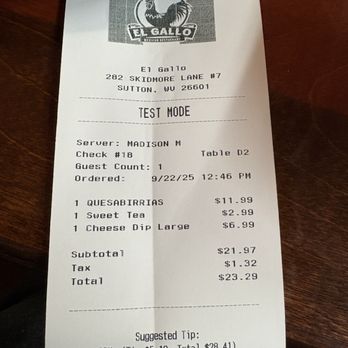El Gallo Mexican Restaurant - Meal check - Mexican Near Me - Sutton, West Virginia