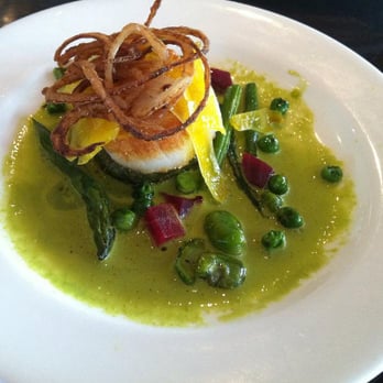 Panzano - Capesante - pan-seared scallop over sautéed spinach and ricotta gnudi, spring vegetables, basil leek nage. - Italian Near Me - Denver, Colorado Panzano - Capesante - pan-seared scallop over sautéed spinach and ricotta gnudi, spring vegetables, basil leek nage. - Italian Near Me - Denver, Colorado