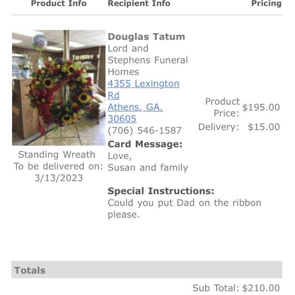 Flowerland Athens - Invoice with pic of what I ordered! - Florists Near Me - Athens, Georgia Flowerland Athens - Invoice with pic of what I ordered! - Florists Near Me - Athens, Georgia