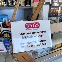 TAGS Awards & Specialties - Turnaround time is 9 Business Days! Take note!