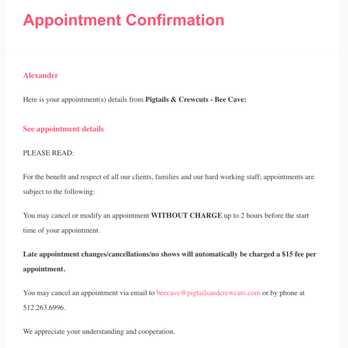 Pigtails & Crewcuts - Our "confirmation" email - Hair Salons Near Me - Bee Cave, Texas Pigtails & Crewcuts - Our "confirmation" email - Hair Salons Near Me - Bee Cave, Texas