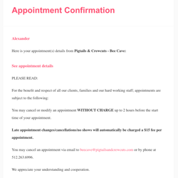Pigtails & Crewcuts - Our "confirmation" email