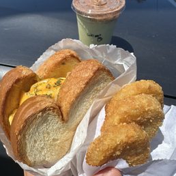 Egg Double Cheese Egglet, Truffle Hash-Brown and matcha tiramisu latte with soy milk Egg Double Cheese Egglet, Truffle Hash-Brown and matcha tiramisu latte with soy milk