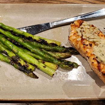 Barnwood - Manteca - Grilled Salmon and asparagus with chimichurri on the side. - Barbeque Near Me - Manteca, California
