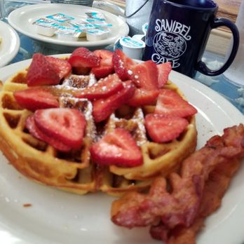The Sanibel Cafe - Belgium waffles with strawberry topping. - Breakfast & Brunch Near Me - Sanibel, Florida