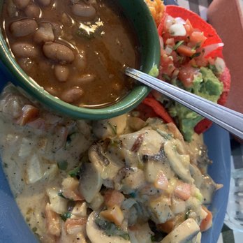 Alejandras Mexican Grill - Chicken rilleno stuffed with shrimp & mushrooms  Charro beans and rice were great too! - Tex-Mex Near Me - La Grange, Texas