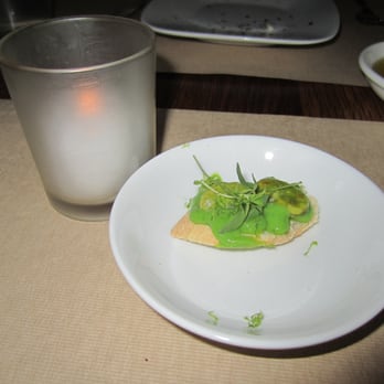 Perry St - Amuse bouche of fava beans and a pea soup of sorts, drizzled on crostini - New American Near Me - New York, New York Perry St - Amuse bouche of fava beans and a pea soup of sorts, drizzled on crostini - New American Near Me - New York, New York