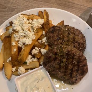 Plateia Mediterranean Kitchen Bar - BIFTEKIA W/ HERBS AND FETA FRIES - Bars Near Me - Glenview, Illinois Plateia Mediterranean Kitchen Bar - BIFTEKIA W/ HERBS AND FETA FRIES - Bars Near Me - Glenview, Illinois