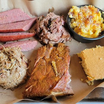 Mission BBQ - Baby back ribs and a three meat combo with pulled pork, moist brisket, classic sausage, mac and cheese, and cornbread - Barbeque Near Me - Brookfield, Wisconsin