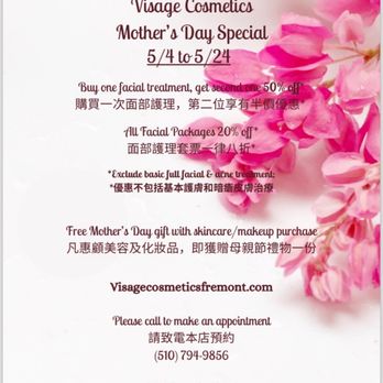 Visage Cosmetics - Mothers Day facial special - Cosmetics & Beauty Supply Near Me - Fremont, California Visage Cosmetics - Mothers Day facial special - Cosmetics & Beauty Supply Near Me - Fremont, California