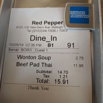 Red Pepper Asian - Total bill - Malaysian Near Me - Raleigh, North Carolina Red Pepper Asian - Total bill - Malaysian Near Me - Raleigh, North Carolina