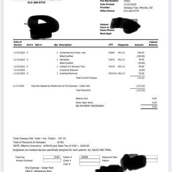 Fine Eyewear & Eye Care - It looks like we are charged a follow up visit and contact removal? I don't get this. - Optometrists Near Me - Cedar Park, Texas Fine Eyewear & Eye Care - It looks like we are charged a follow up visit and contact removal? I don't get this. - Optometrists Near Me - Cedar Park, Texas