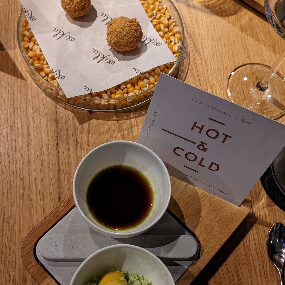 Ox & Klee - hot and cold. Corn puffs in hot soy dipping sauce. Cold sorbet. - Modern European Near Me - Cologne, NW