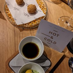 Ox & Klee - Hot and cold. Corn puffs in hot soy dipping sauce. Cold sorbet.