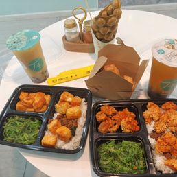 Tofu and popcorn chicken with boba Tofu and popcorn chicken with boba