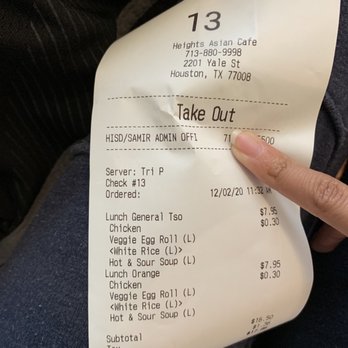 Heights Asian Cafe - Receipt with the wrong name, lady was incredibly rude and was not able to find our order even when repeating the order. - Chinese Near Me - Houston, Texas