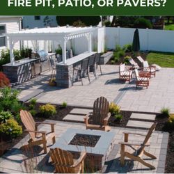 Mike's Lawn & Landscaping - Full Backyard renovation with patio, fire pit, pergola, lighting, outdoor kitchen, and planting.