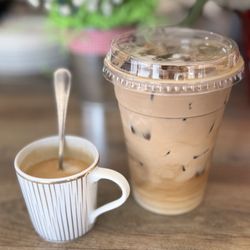 Sisters' Sludge Coffee Cafe and Wine Bar - Medium iced latte and Purple Rain espresso shot