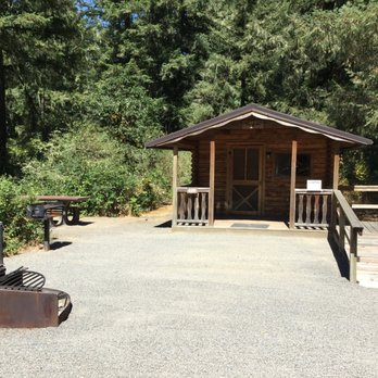 Fishermans Bend - August 18, 2017 - The exterior look of cabin "Kingfisher" on a warm and sunny day. - Campgrounds Near Me - Mill City, Oregon Fishermans Bend - August 18, 2017 - The exterior look of cabin "Kingfisher" on a warm and sunny day. - Campgrounds Near Me - Mill City, Oregon