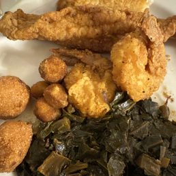 Catfish & Shrimp combo w/ side of collard greens, okra & hushpuppies
