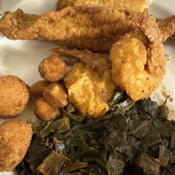 TrySeafood Cary - Catfish & Shrimp combo w/ side of collard greens, okra & hushpuppies - Seafood Near Me - Cary, North Carolina