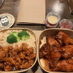 Twin Happiness - Sesame chicken and sweet and spicy wings
