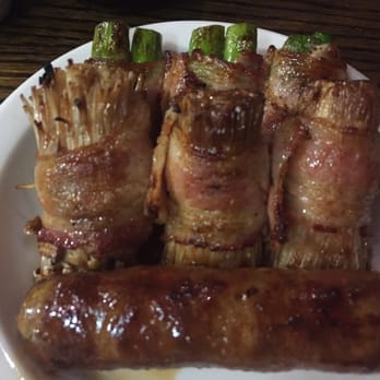 Yakitori 39 - Top: asparagus & mushrooms wrapped in bacon. Bottom: lamb sausage. Yum! - Japanese Near Me - Teaneck, New Jersey Yakitori 39 - Top: asparagus & mushrooms wrapped in bacon. Bottom: lamb sausage. Yum! - Japanese Near Me - Teaneck, New Jersey