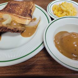 Jerry J's - Homerville - Country fried steak with brown gravy and onions and Texas toast. Mashed potatoes and brown gravy with macaroni and cheese.