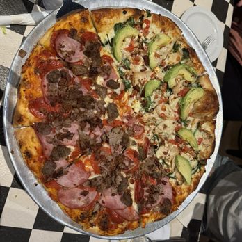 Wise Guys Pizzeria - Half meat lovers half avocado chicken. - Pizza Near Me - Orange, California