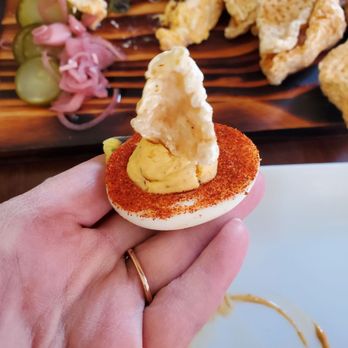 SmokeStacks Cafe - Deviled eggs topped with pork rind absolutely amazing - Wine Bars Near Me - Raleigh, North Carolina SmokeStacks Cafe - Deviled eggs topped with pork rind absolutely amazing - Wine Bars Near Me - Raleigh, North Carolina