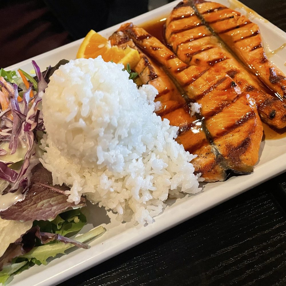 Arigato Sushi - Salmon Teriyaki with rice salad and miso soup - Sushi Bars Near Me - Salinas, California Arigato Sushi - Salmon Teriyaki with rice salad and miso soup - Sushi Bars Near Me - Salinas, California
