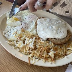 Country fried streak Eggs and Salad