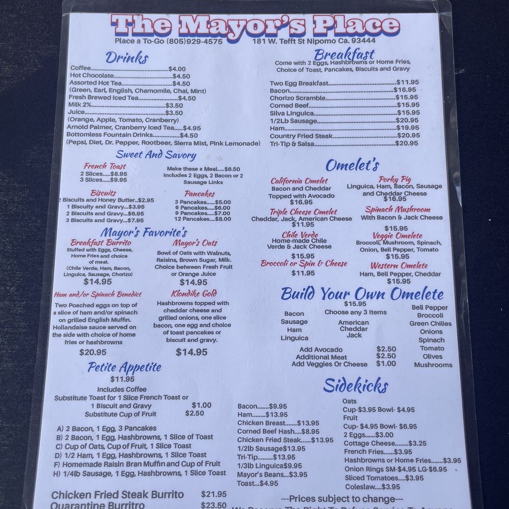 The Mayors Place - Menu - Breakfast & Brunch Near Me - Nipomo, California The Mayors Place - Menu - Breakfast & Brunch Near Me - Nipomo, California