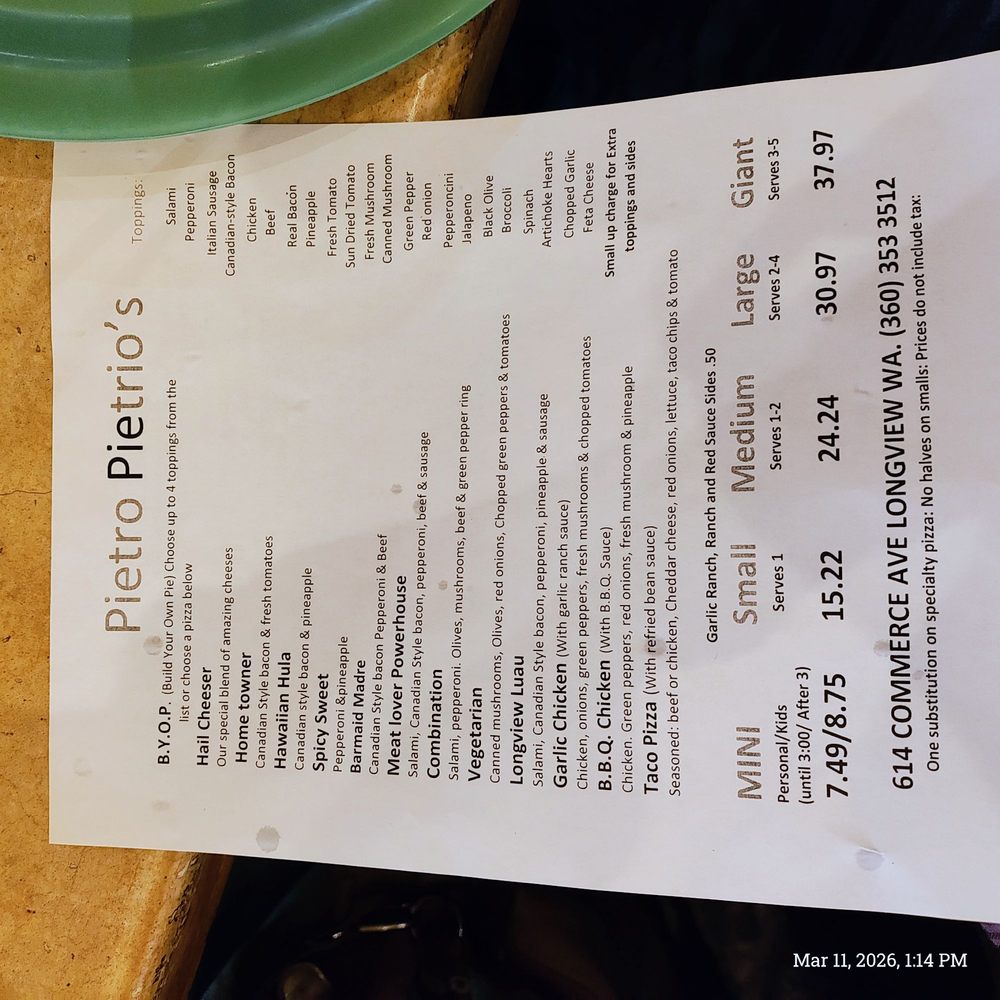Pie@Trios - Current menu, front side - Pizza Near Me - Longview, Washington