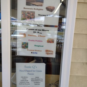 Suzie Q's - a menu displayed in a window - Ice Cream & Frozen Yogurt Near Me - Veedersburg, Indiana