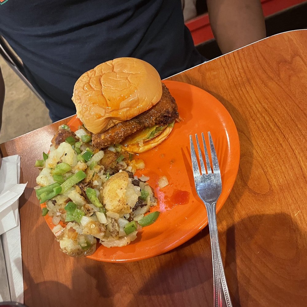 HangOverEasy - Buffalo Chicken Sandwich with, potatoes with green peppers and onions - Breakfast & Brunch Near Me - Columbus, Ohio HangOverEasy - Buffalo Chicken Sandwich with, potatoes with green peppers and onions - Breakfast & Brunch Near Me - Columbus, Ohio