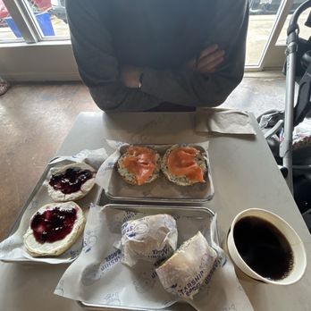 Starship Bagel - Cherry compote (seasonal), nov lox on everything bagel, and drip coffee - Bagels Near Me - Lewisville, Texas